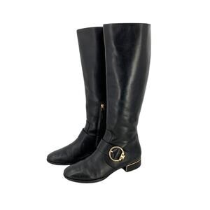 Tory Burch SOFIA BUCKLED Logo Knee High Riding Boot Flat Equestrian 7M Black